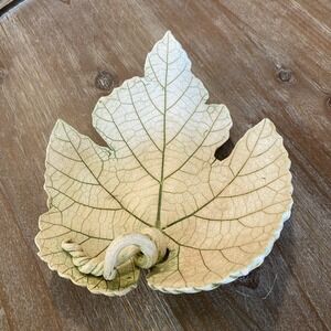 Handmade Ceramic Studio Art Pottery Leaf Bowl Trinket Twisted Vine 6.5" Natural